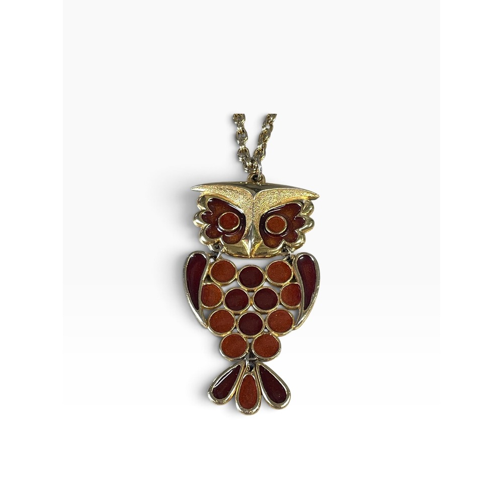 Owl Pendant Necklace Womens Gold Brown Orange Enamel Articulated